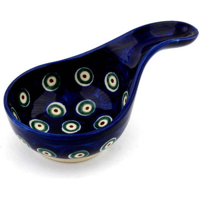 Polish Pottery Condiment Dish 5&quot; Peacock Leaves