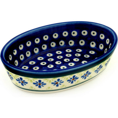 Polish Pottery Condiment Dish 6&quot; Gingham Peacock