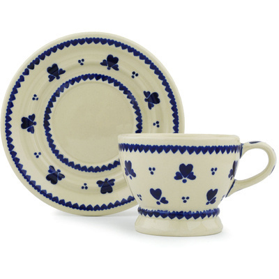 Polish Pottery Cup with Saucer 10 oz Blue Heart Trio