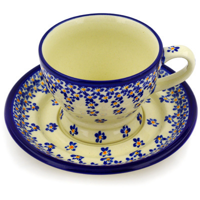 Polish Pottery Cup with Saucer 10 oz Remember Me