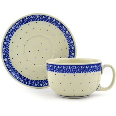 Polish Pottery Cup with Saucer 13 oz Blue Polka Dot