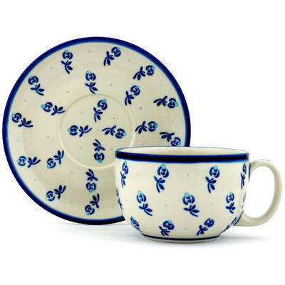 Polish Pottery Cup with Saucer 13 oz Blue Spring Roses