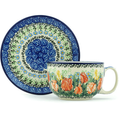 Polish Pottery Cup with Saucer 13 oz Delightful Element UNIKAT