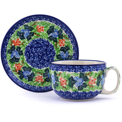Polish Pottery Cup with Saucer 13 oz Exotic Beauty UNIKAT