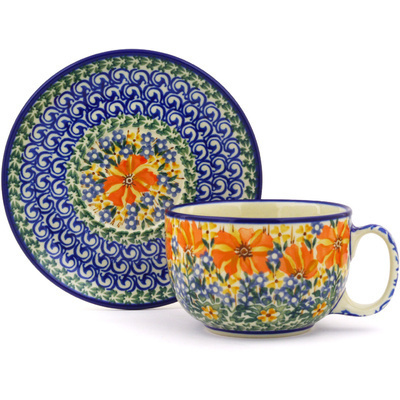Polish Pottery Cup with Saucer 13 oz Fire Patch UNIKAT