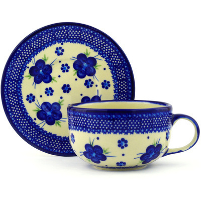 Polish Pottery Cup with Saucer 17 oz Bleu-belle Fleur