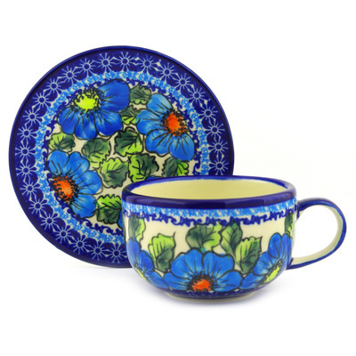 Polish Pottery Cup with Saucer 17 oz Bold Blue Poppies UNIKAT