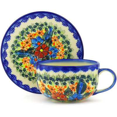 Polish Pottery Cup with Saucer 17 oz Bold Poppies UNIKAT