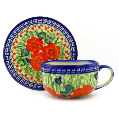 Polish Pottery Cup with Saucer 17 oz Happiness UNIKAT