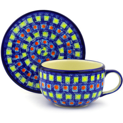 Polish Pottery Cup with Saucer 17 oz Mosaic Tile