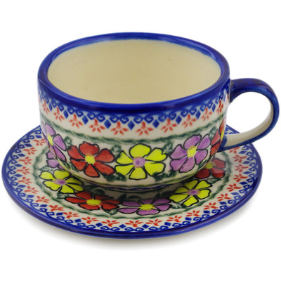 Polish Pottery Cup with Saucer 17 oz Primary Poppies UNIKAT