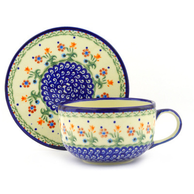 Polish Pottery Cup with Saucer 17 oz Spring Flowers