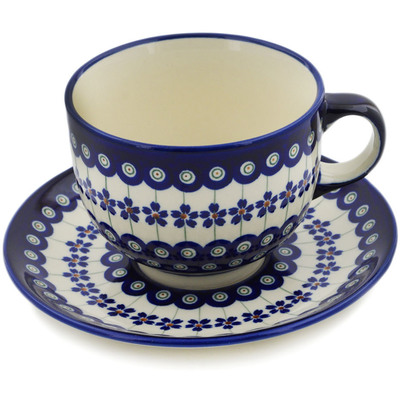 Polish Pottery Cup with Saucer 18 oz Flowering Peacock