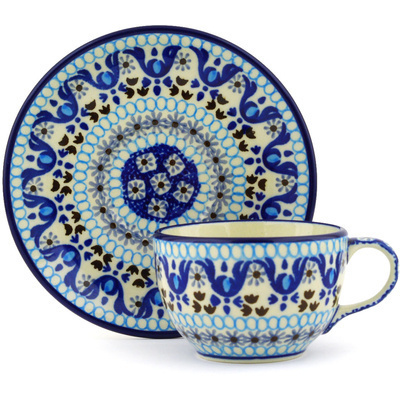 Polish Pottery Cup with Saucer 4 oz Blue Ice