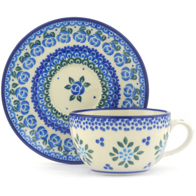 Polish Pottery Cup with Saucer 4 oz Bluebuds