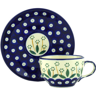 Polish Pottery Cup with Saucer 4 oz Pushing Daisy Peacock