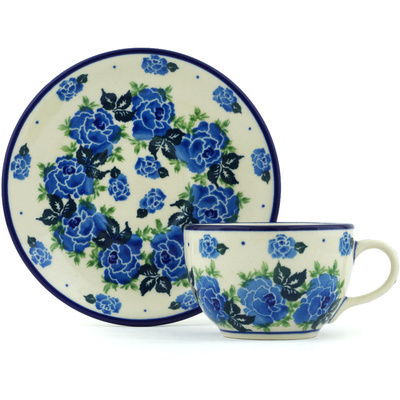 Polish Pottery Cup with Saucer 4 oz Rose Wreath