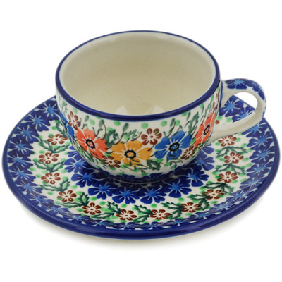 Polish Pottery Cup with Saucer 4 oz Spring Blooms UNIKAT