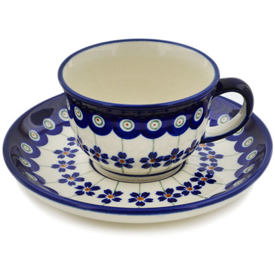 Polish Pottery Cup with Saucer 5 oz Flowering Peacock