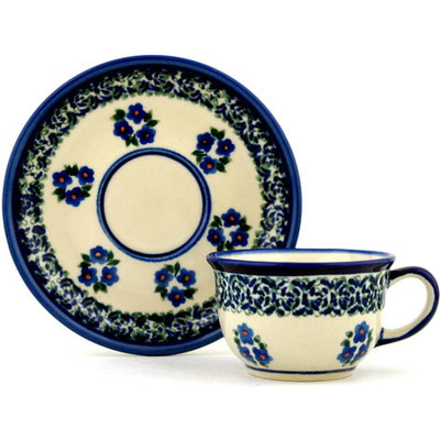 Polish Pottery Cup with Saucer 5 oz Forget Me Not Dots