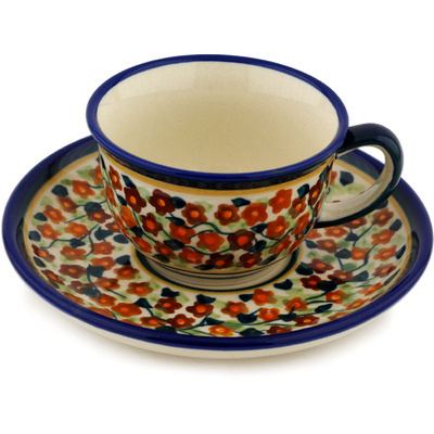 Polish Pottery Cup with Saucer 5 oz Russett Floral