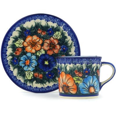 Polish Pottery Cup with Saucer 6 oz Butterfly Splendor