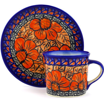 Polish Pottery Cup with Saucer 6 oz Fire Poppies UNIKAT
