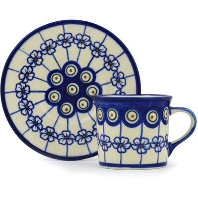 Polish Pottery Cup with Saucer 6 oz Flowering Peacock