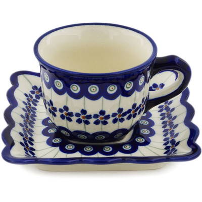 Polish Pottery Cup with Saucer 6 oz Flowering Peacock
