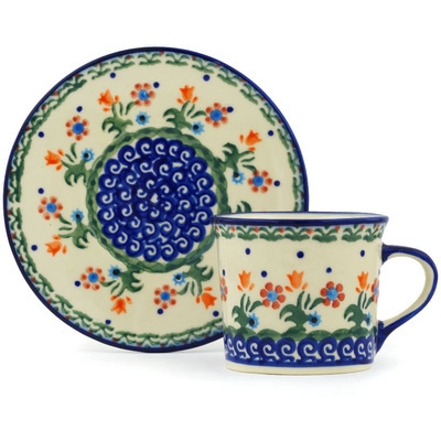 Polish Pottery Cup with Saucer 6 oz Spring Flowers