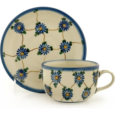 Polish Pottery Cup with Saucer 7 oz Blue Aster Trellis