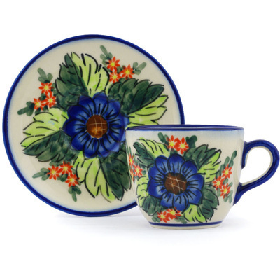 Polish Pottery Cup with Saucer 7 oz Blue Bouquet UNIKAT