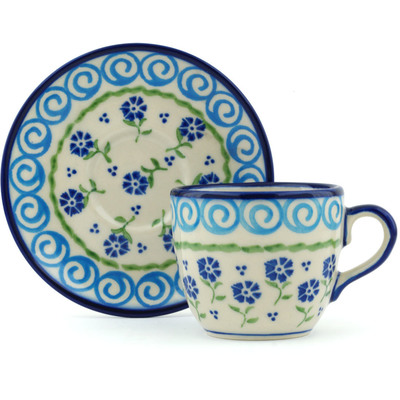 Polish Pottery Cup with Saucer 7 oz Blue Bursts