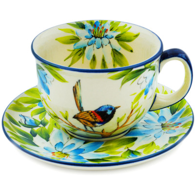 Polish Pottery Cup with Saucer 7 oz Blue Spring Sparrow