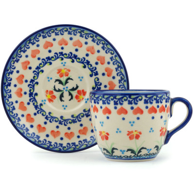 Polish Pottery Cup with Saucer 7 oz Circle Of Hearts