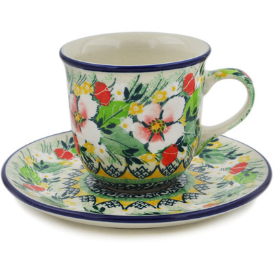 Polish Pottery Cup with Saucer 7 oz Country Boutique UNIKAT