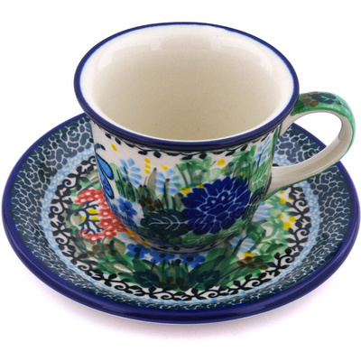 Polish Pottery Cup with Saucer 7 oz Dragonfly Garden UNIKAT