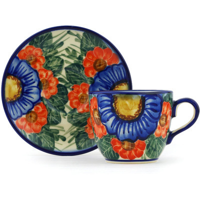 Polish Pottery Cup with Saucer 7 oz Flowers In Bloom UNIKAT