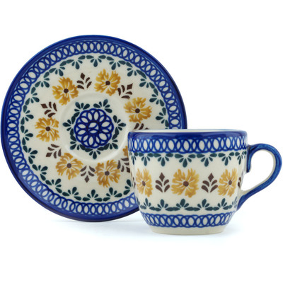 Polish Pottery Cup with Saucer 7 oz Golden Flower Garden