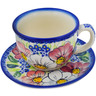 Polish Pottery Cup with Saucer 7 oz Maroon Blossoms