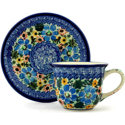 Polish Pottery Cup with Saucer 7 oz Peaking Dahlia UNIKAT