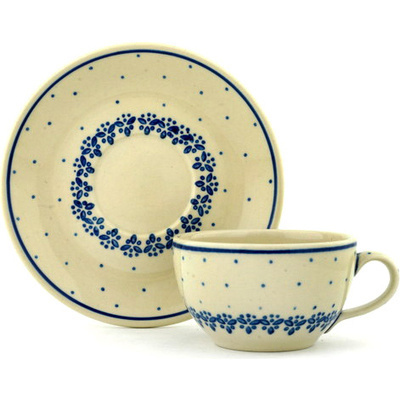 Polish Pottery Cup with Saucer 7 oz Polka Dot Bouquet