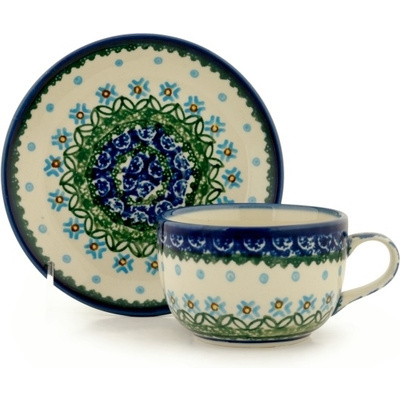 Polish Pottery Cup with Saucer 7 oz Pushing Daisies
