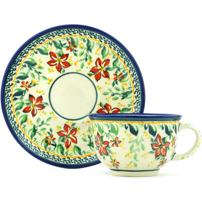 Polish Pottery Cup with Saucer 7 oz Red Clematis UNIKAT