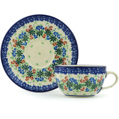 Polish Pottery Cup with Saucer 7 oz Snapdragon Bouquet