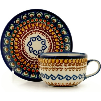 Polish Pottery Cup with Saucer 7 oz Western Peacock UNIKAT