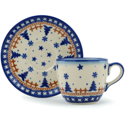 Polish Pottery Cup with Saucer 7 oz Winter Snow