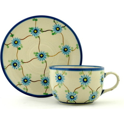 Polish Pottery Cup with Saucer 9 oz Blue Aster Trellis