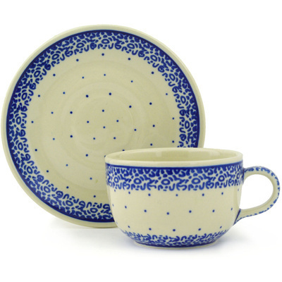 Polish Pottery Cup with Saucer 9 oz Blue Polka Dot