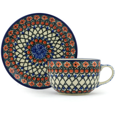 Polish Pottery Cup with Saucer 9 oz Classic Beauty UNIKAT